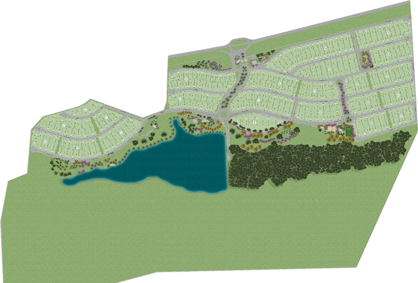 Mapa de implantação do condomínio com lago, áreas verdes e terrenos