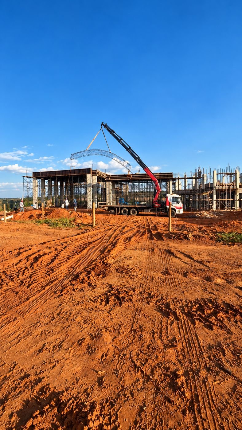 Guindaste içando estrutura metálica sobre as estruturas de concreto das áreas comuns
