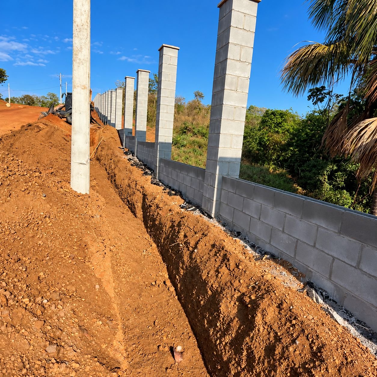 Muro de fechamento em blocos de concreto sendo construído