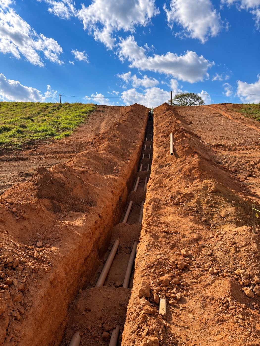 Vala com tubulações de infraestrutura subterrânea