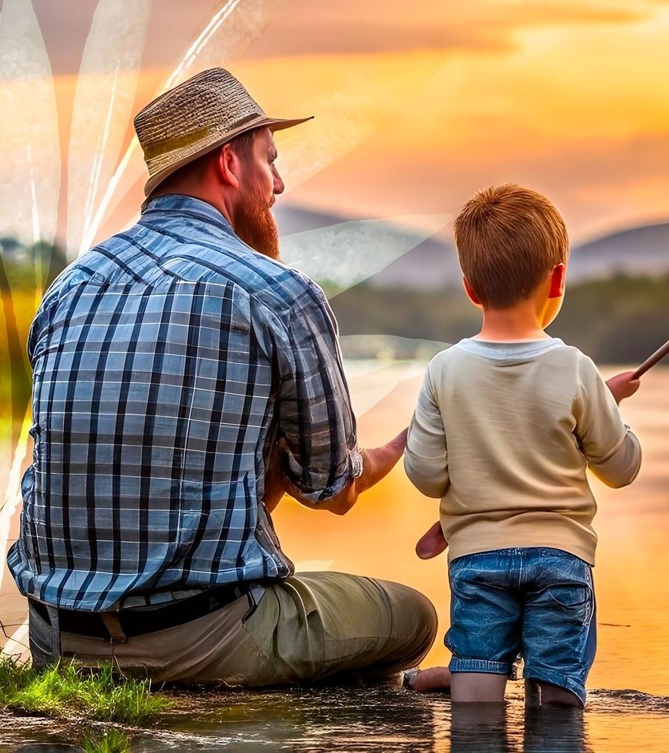 Pai e filho pescando à beira do lago ao pôr do sol