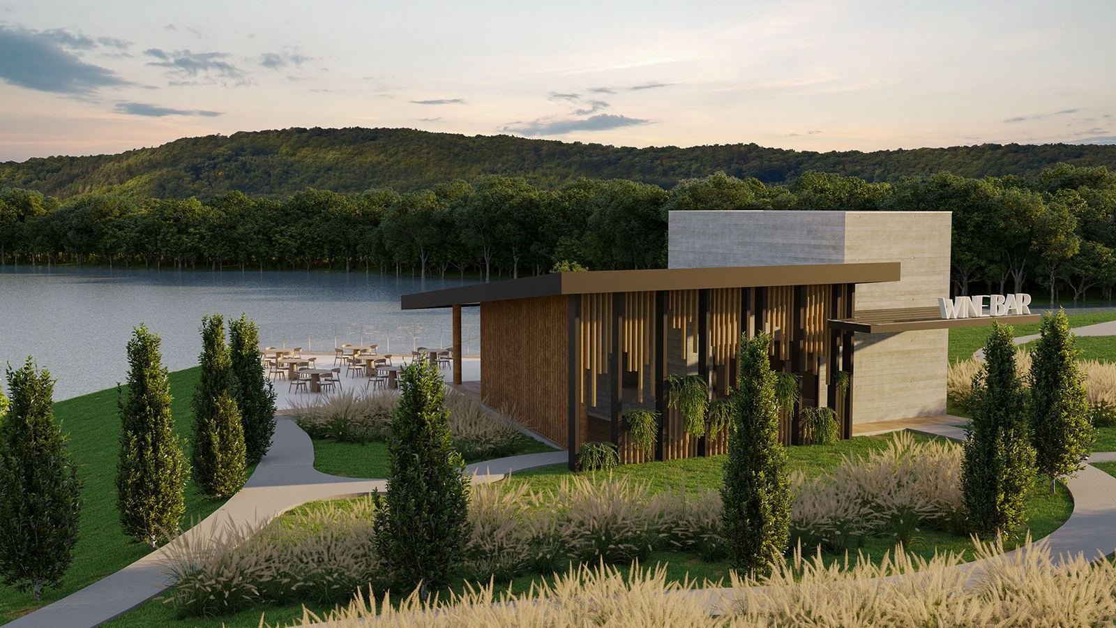 Wine bar com deck e vista para o lago